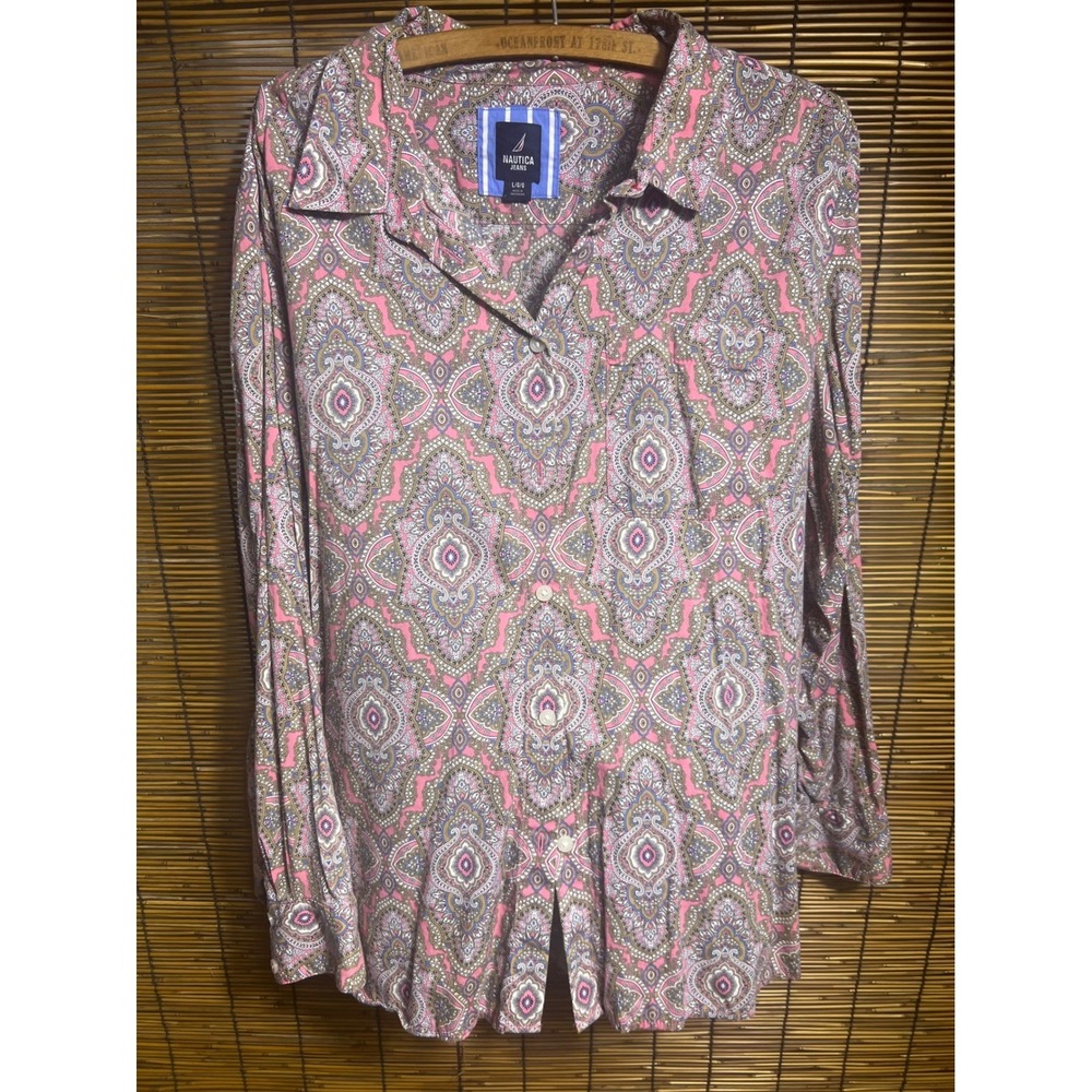 Nautica Jeans Large Button Down Shirt Pink Paisley Cotton Viscose